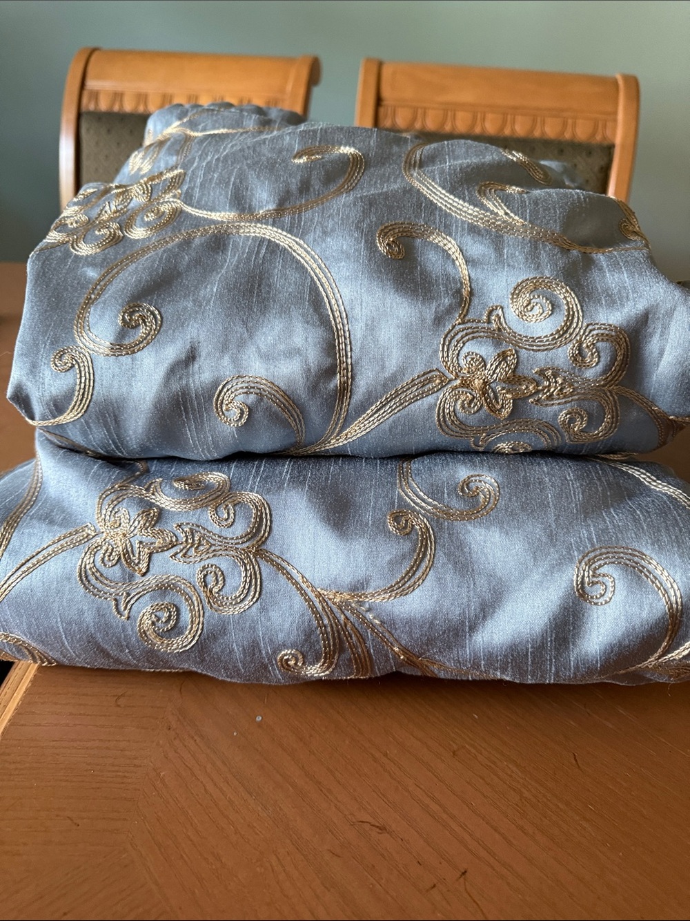 Elegant Blue Embroidered Blackout Curtain Panels with Gold Scrollwork